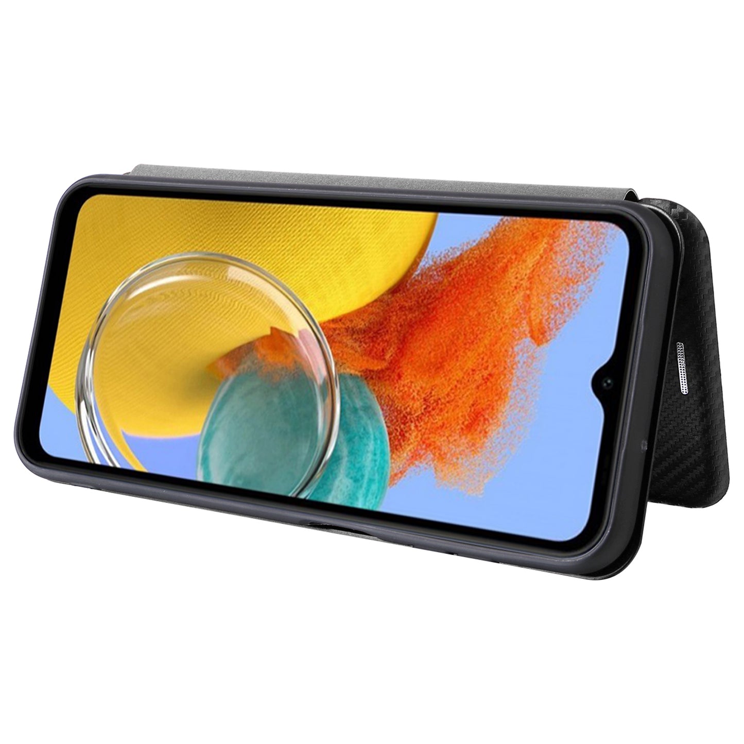For Samsung Galaxy M14 5G Phone Cover TPU+PU Leather Stand Carbon Fiber Texture Phone Case with Card Slot