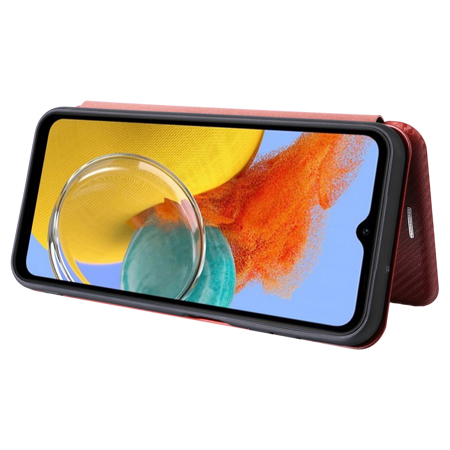 For Samsung Galaxy M14 5G Phone Cover TPU+PU Leather Stand Carbon Fiber Texture Phone Case with Card Slot