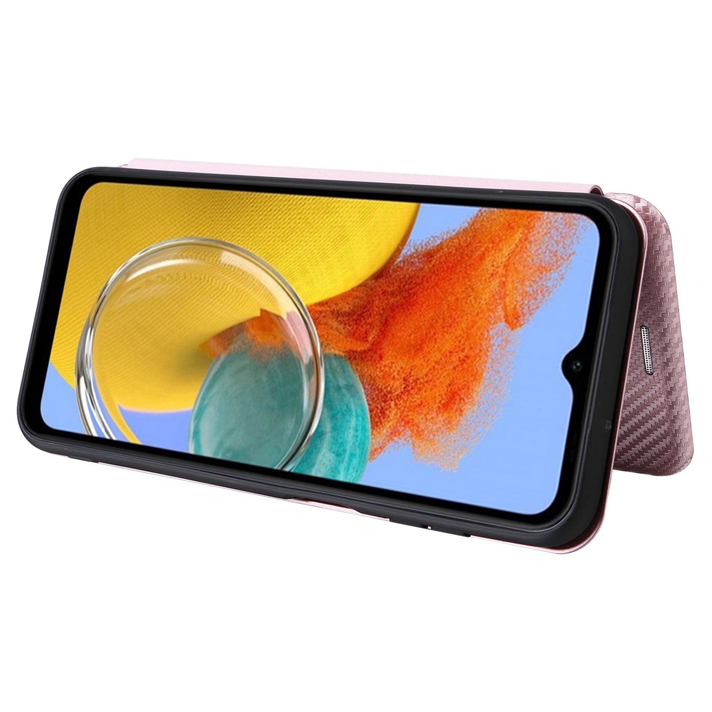 For Samsung Galaxy M14 5G Phone Cover TPU+PU Leather Stand Carbon Fiber Texture Phone Case with Card Slot