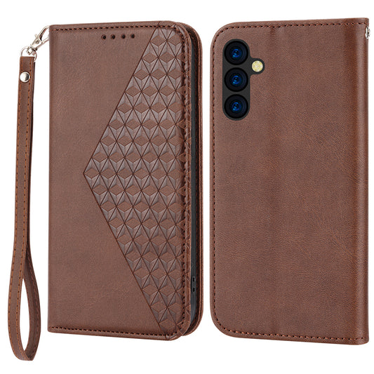 For Samsung Galaxy M14 5G Imprinted Rhombus Pattern Phone Shell Calf Texture PU Leather Stand Phone Case