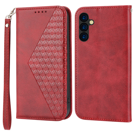 For Samsung Galaxy M14 5G Imprinted Rhombus Pattern Phone Shell Calf Texture PU Leather Stand Phone Case