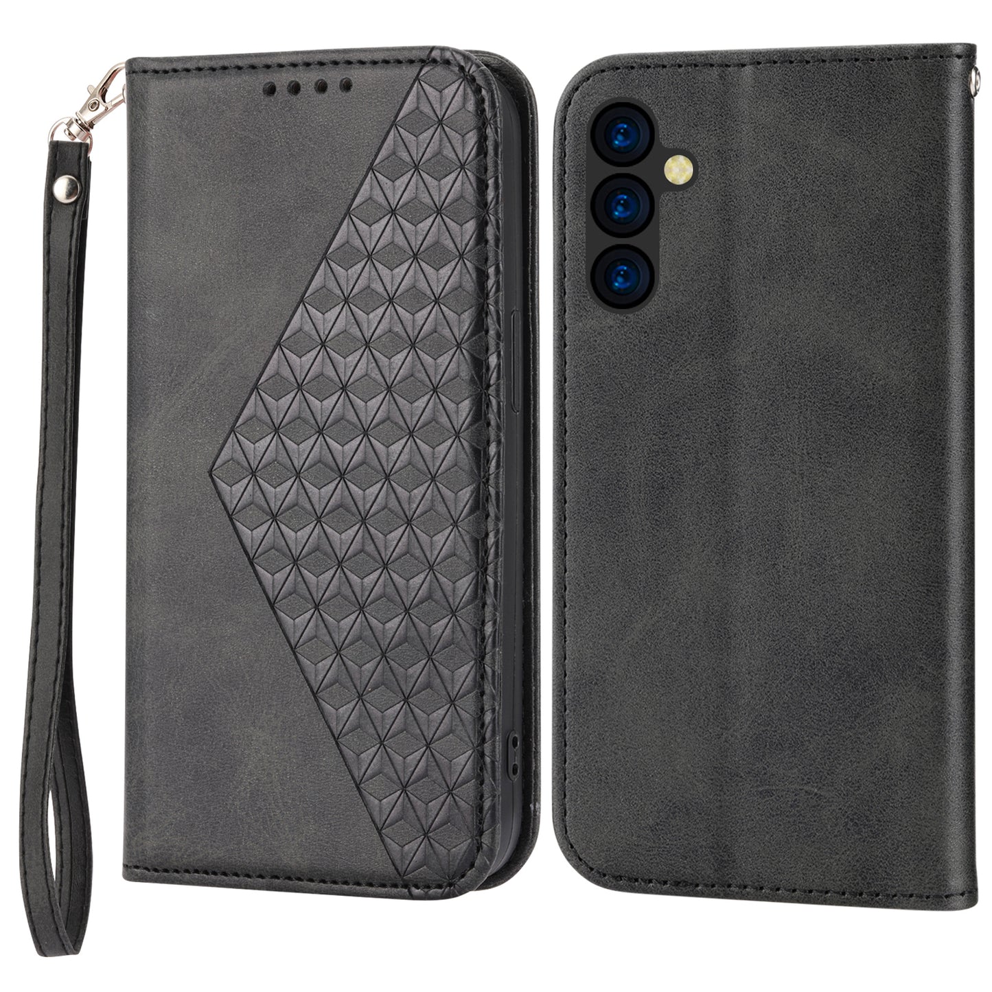 For Samsung Galaxy M14 5G Imprinted Rhombus Pattern Phone Shell Calf Texture PU Leather Stand Phone Case