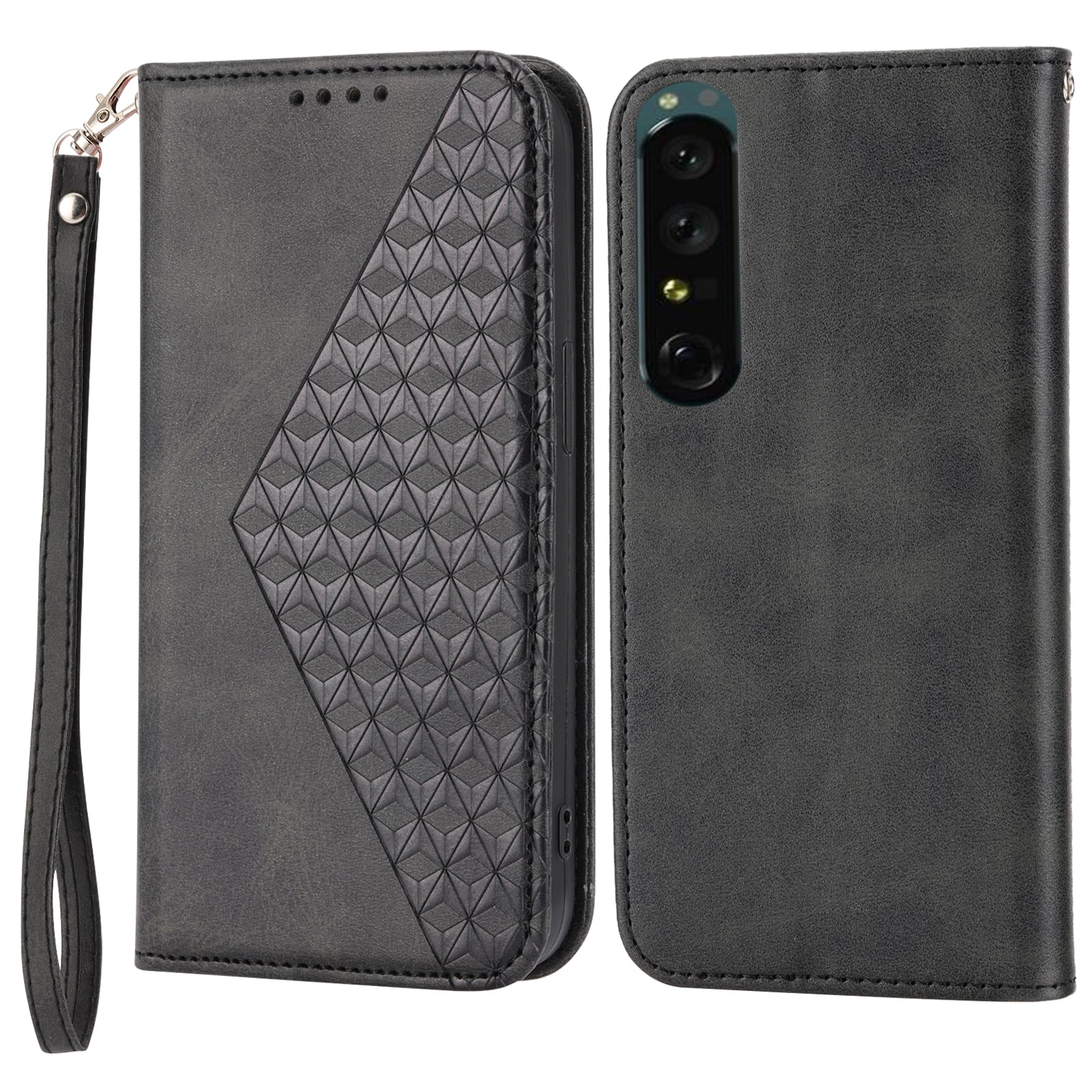 Calf Texture Phone Case for Sony Xperia 1 V , Imprinted Rhombus Pattern PU Leather Stand Phone Cover