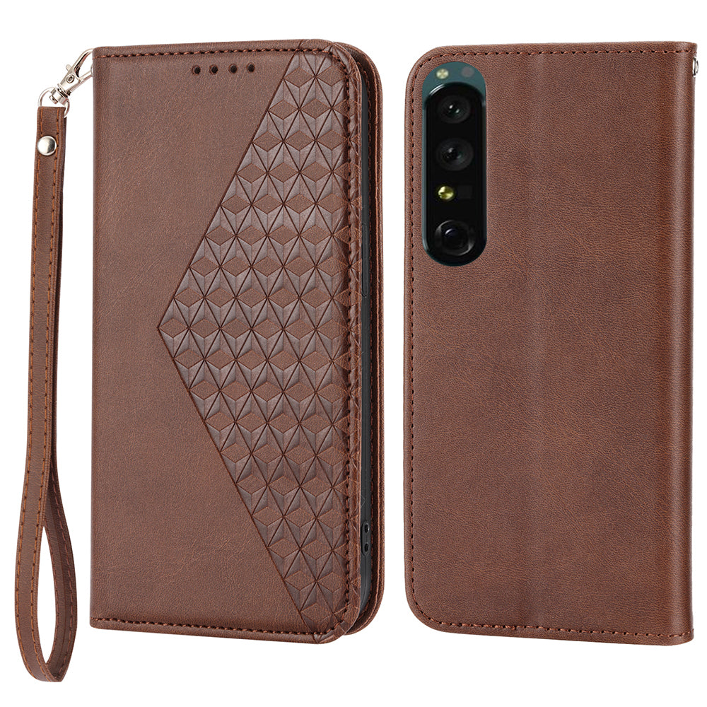Calf Texture Phone Case for Sony Xperia 1 V , Imprinted Rhombus Pattern PU Leather Stand Phone Cover