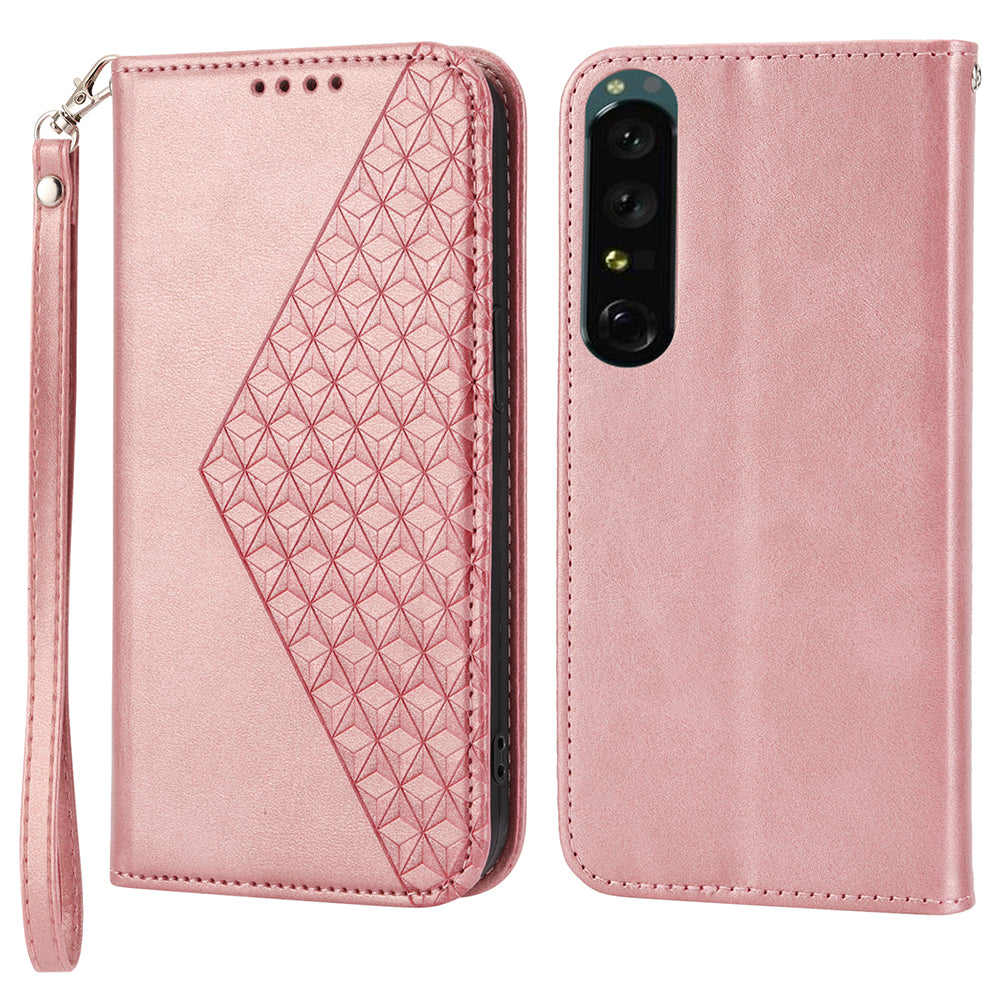 Calf Texture Phone Case for Sony Xperia 1 V , Imprinted Rhombus Pattern PU Leather Stand Phone Cover