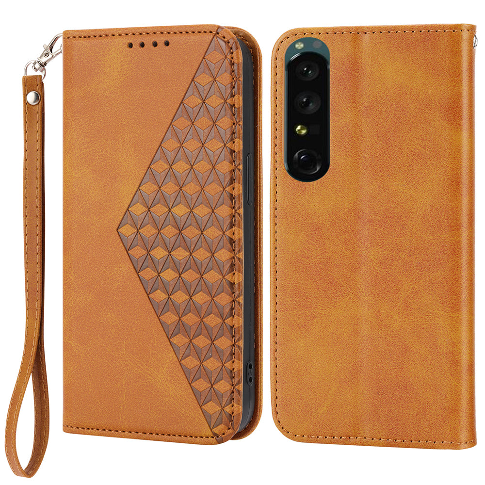 Calf Texture Phone Case for Sony Xperia 1 V , Imprinted Rhombus Pattern PU Leather Stand Phone Cover