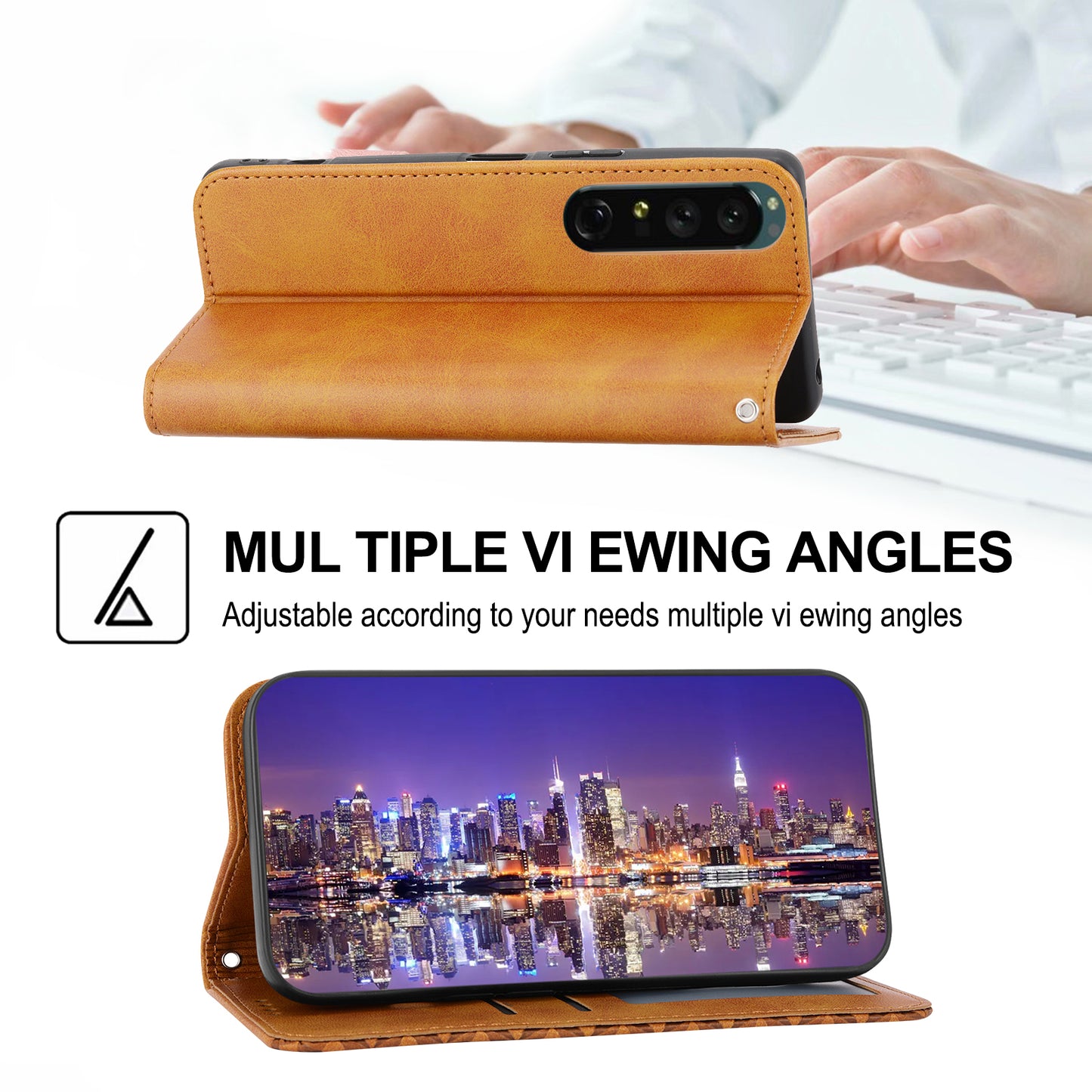 Calf Texture Phone Case for Sony Xperia 1 V , Imprinted Rhombus Pattern PU Leather Stand Phone Cover
