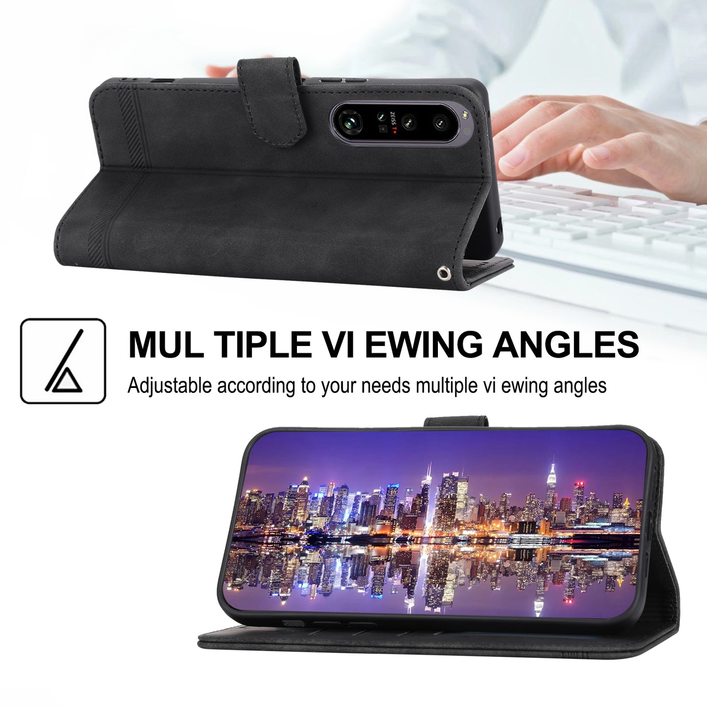 DIERFENG DF-03 For Sony Xperia 1 V Shockproof Case Lines Imprinted Phone Case Leather Flip Cover with Stand