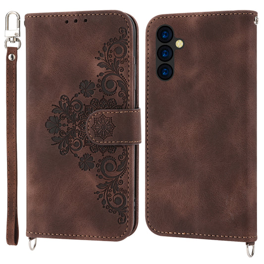 Wallet Phone Case for Samsung Galaxy M14 5G Imprinted Flower Skin-Touch Leather Cover with Strap