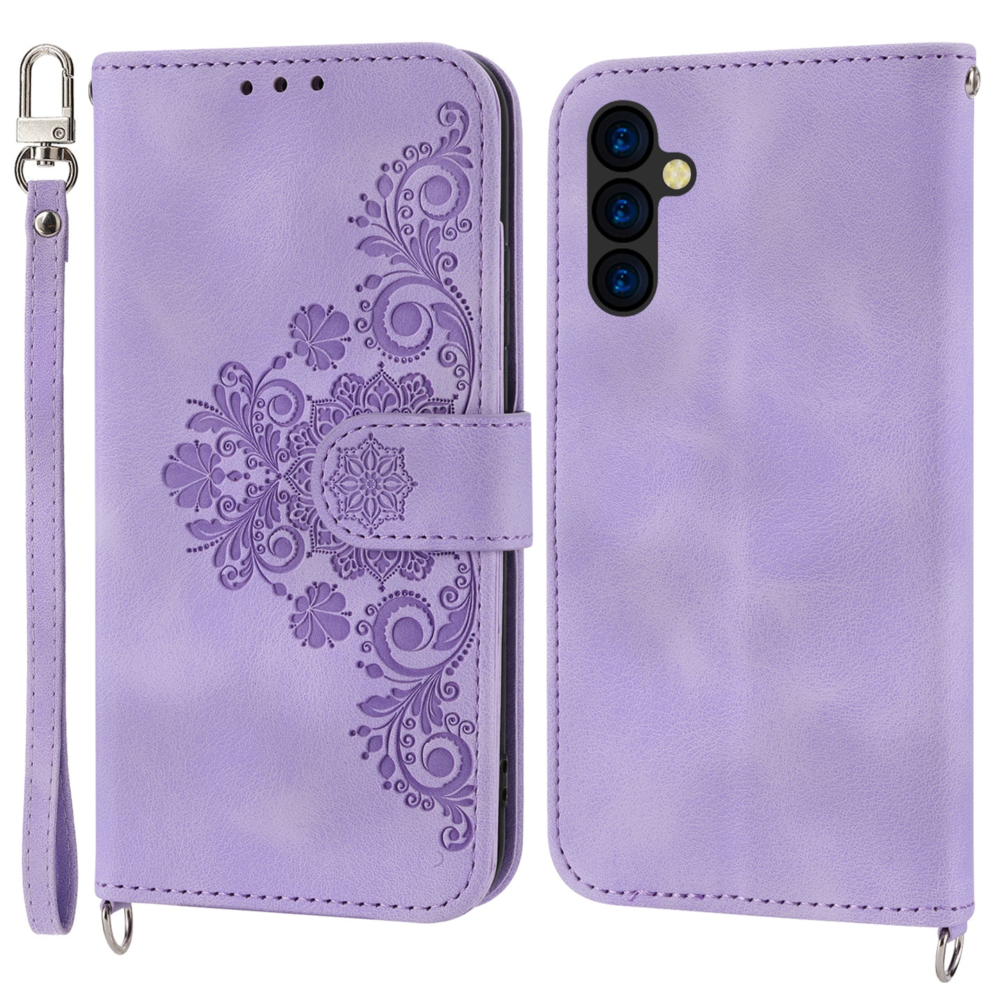 Wallet Phone Case for Samsung Galaxy M14 5G Imprinted Flower Skin-Touch Leather Cover with Strap