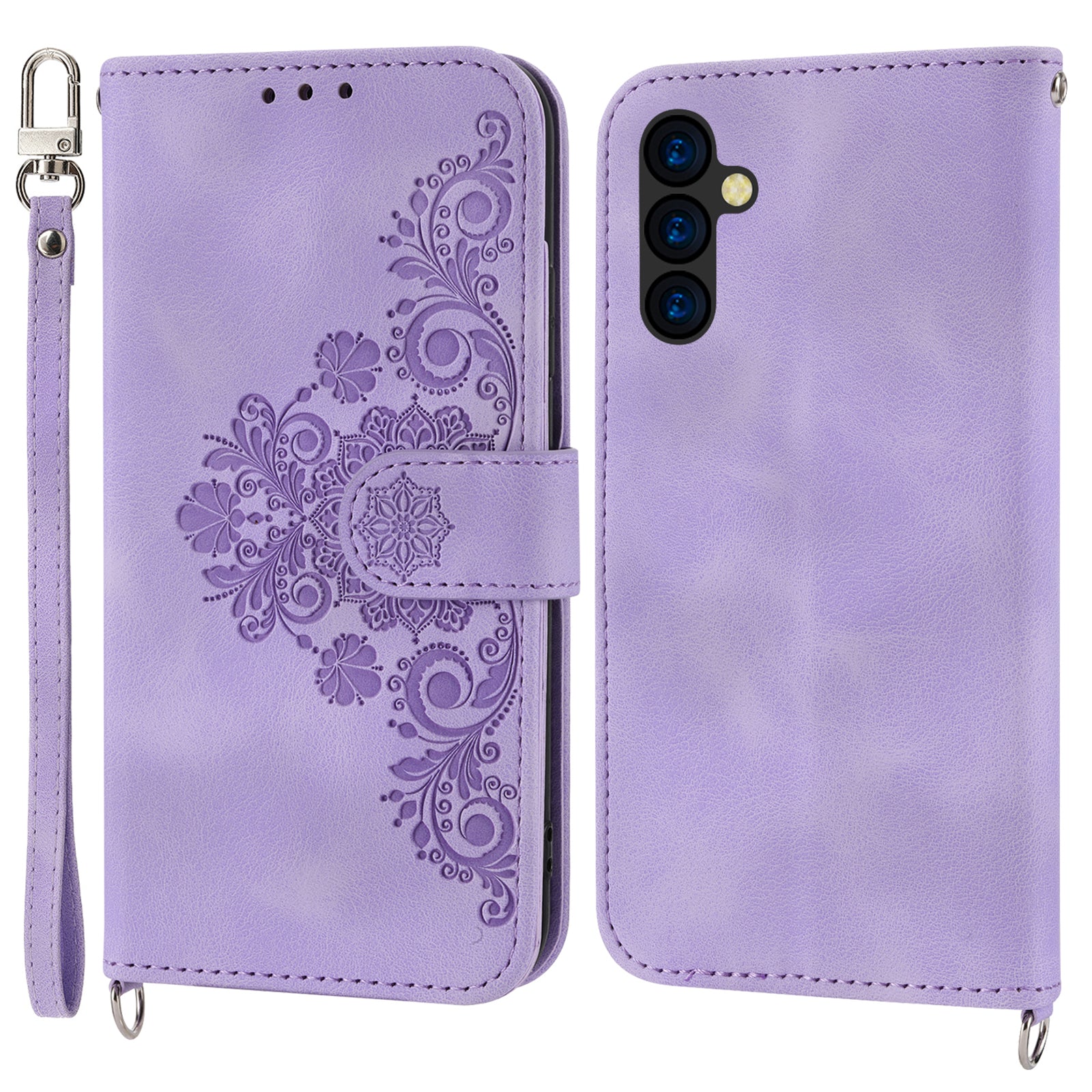 Wallet Phone Case for Samsung Galaxy M14 5G Imprinted Flower Skin-Touch Leather Cover with Strap