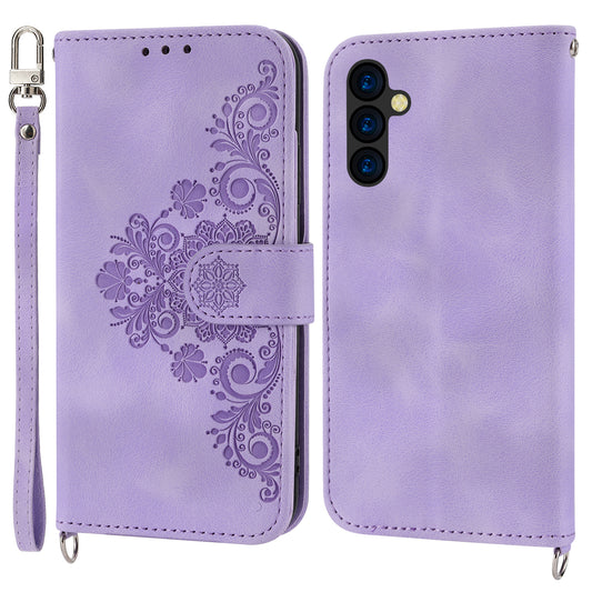 Wallet Phone Case for Samsung Galaxy M14 5G Imprinted Flower Skin-Touch Leather Cover with Strap