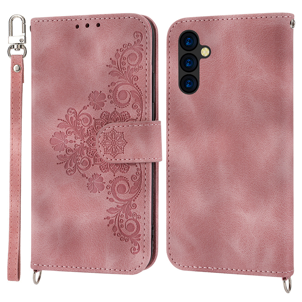 Wallet Phone Case for Samsung Galaxy M14 5G Imprinted Flower Skin-Touch Leather Cover with Strap