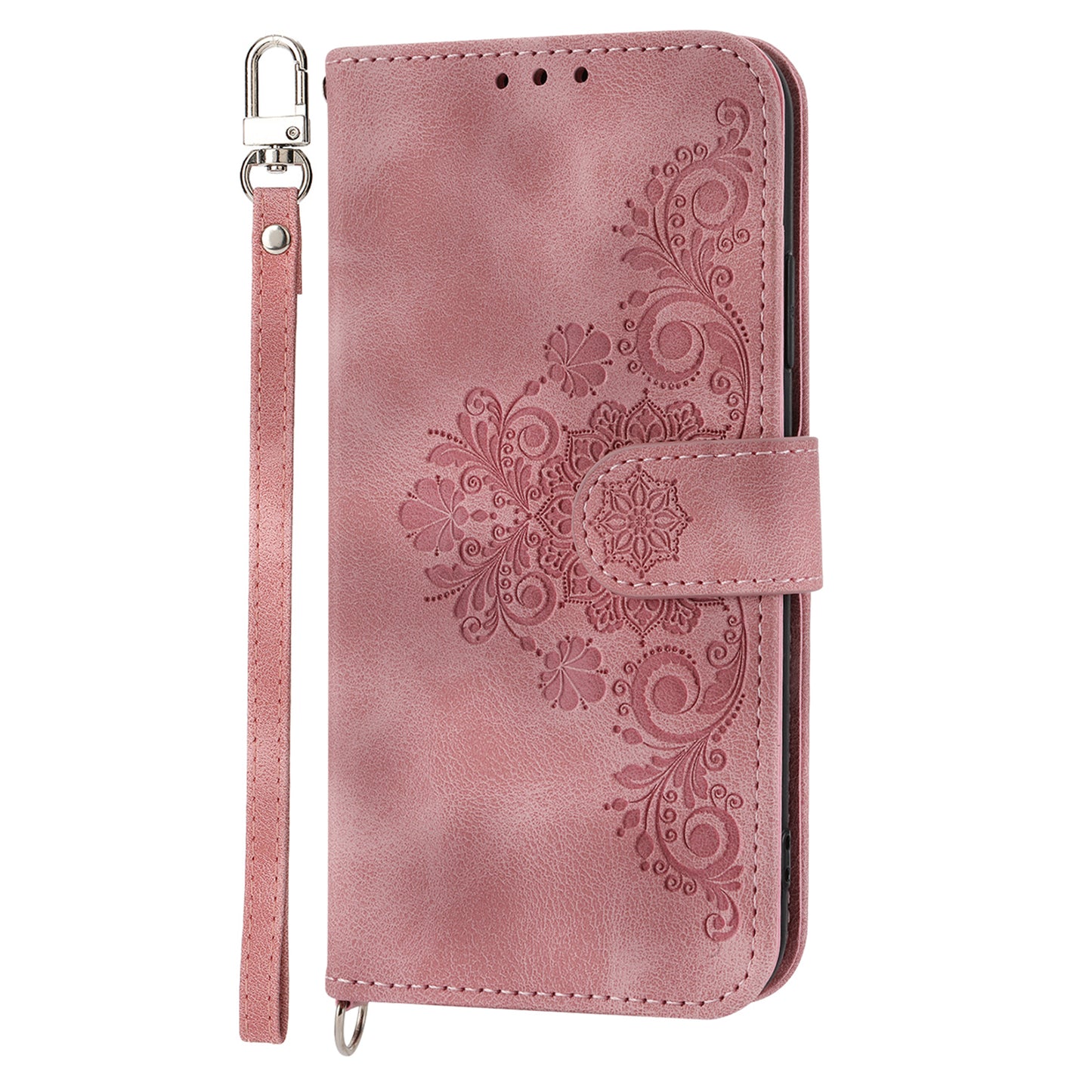 Wallet Phone Case for Samsung Galaxy M14 5G Imprinted Flower Skin-Touch Leather Cover with Strap