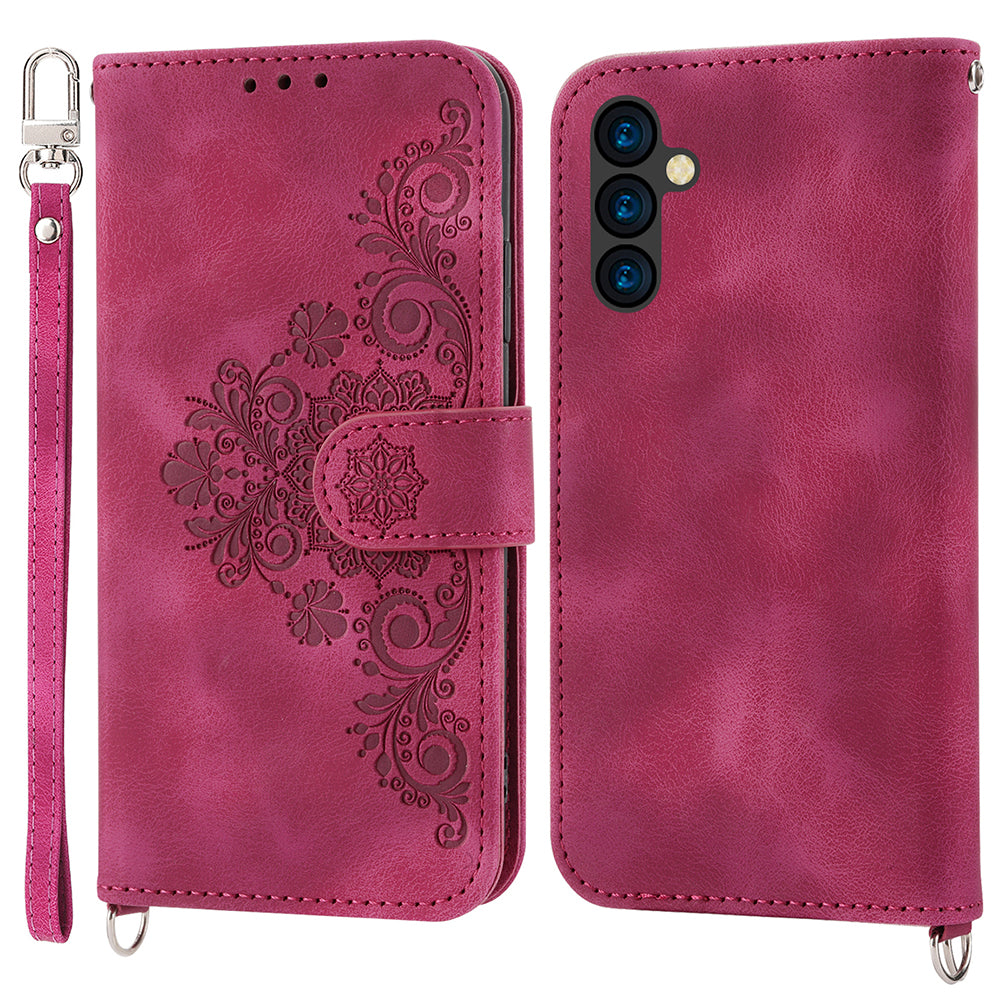Wallet Phone Case for Samsung Galaxy M14 5G Imprinted Flower Skin-Touch Leather Cover with Strap