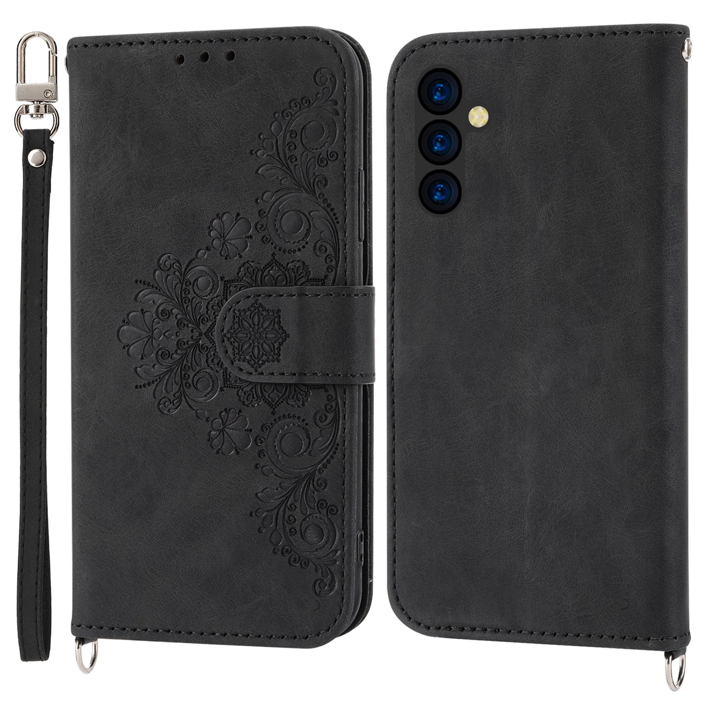 Wallet Phone Case for Samsung Galaxy M14 5G Imprinted Flower Skin-Touch Leather Cover with Strap