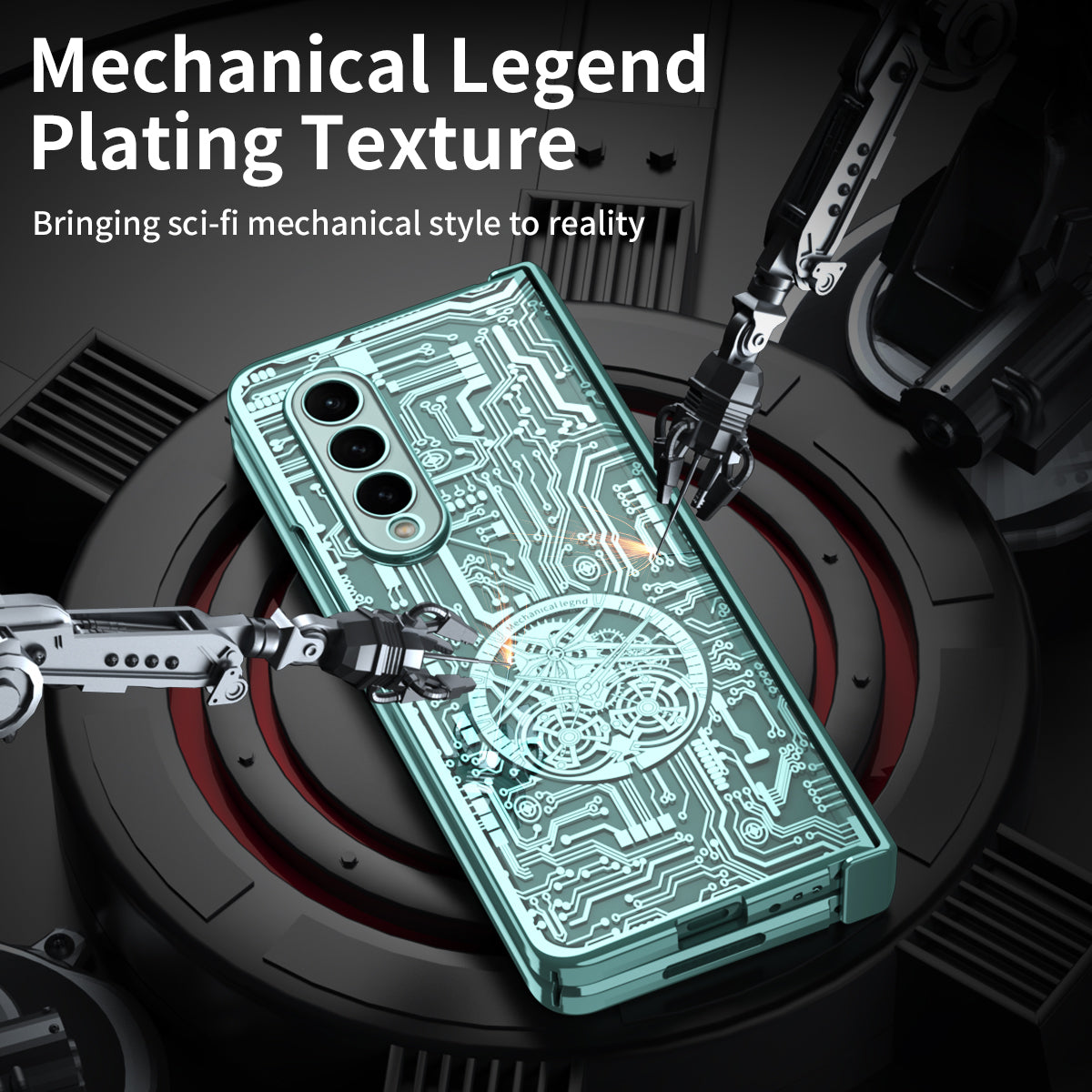 Folding Phone Case for Samsung Galaxy Z Fold3 5G Mechanical Legend Series Electroplating PC Shell with Tempered Glass Film