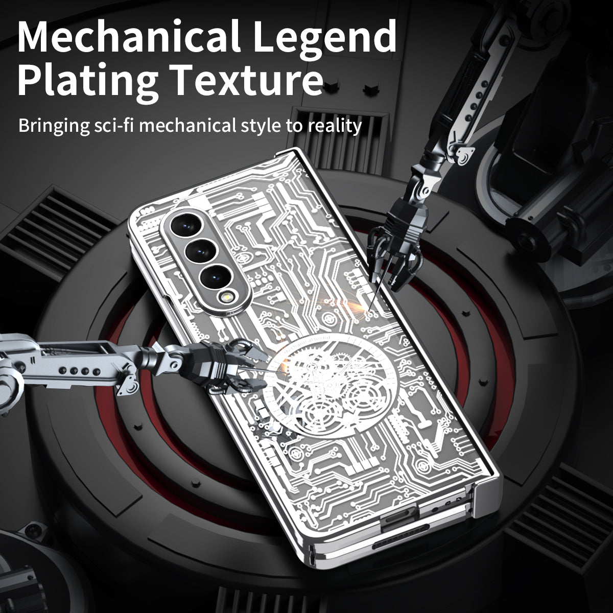 Folding Phone Case for Samsung Galaxy Z Fold3 5G Mechanical Legend Series Electroplating PC Shell with Tempered Glass Film