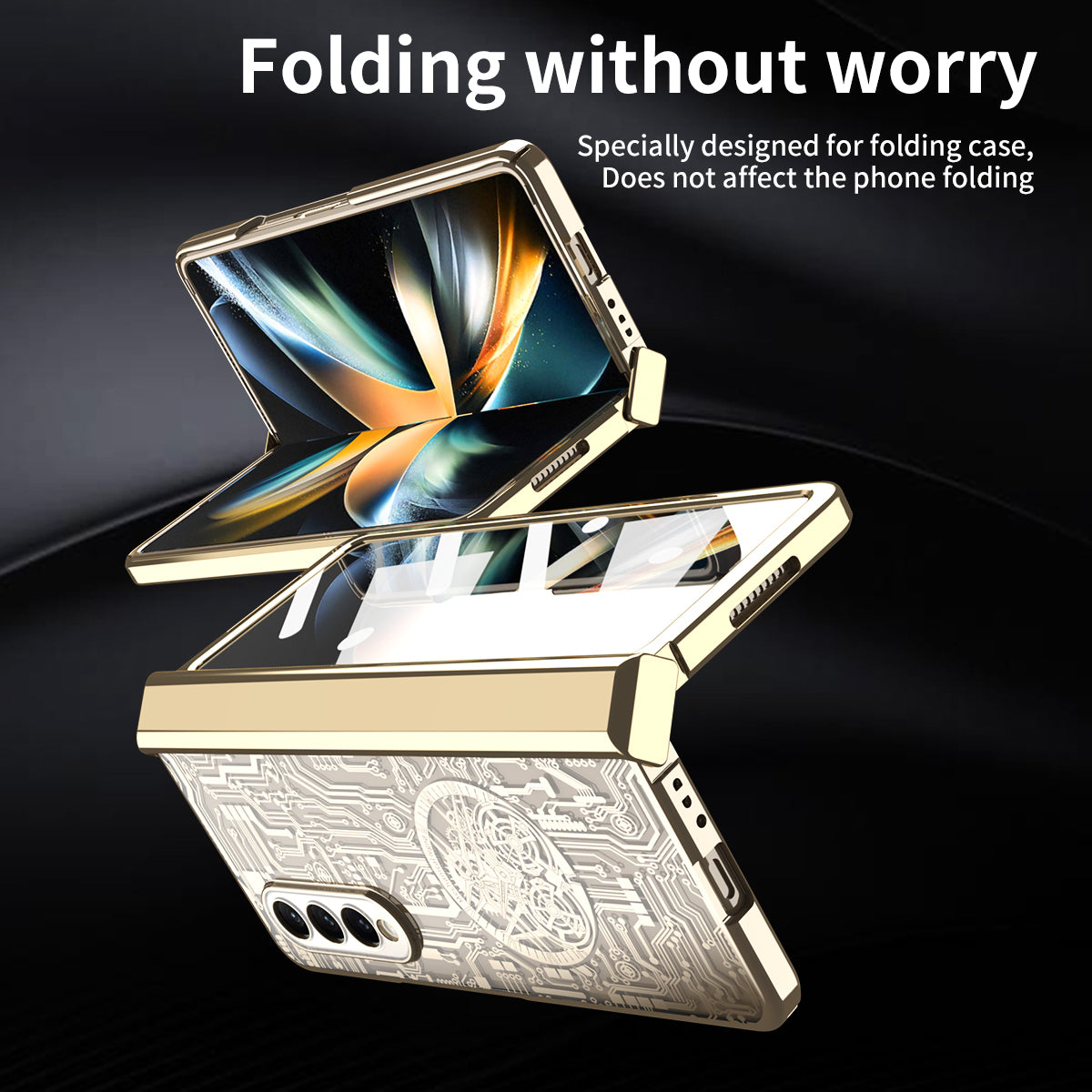 Folding Phone Case for Samsung Galaxy Z Fold3 5G Mechanical Legend Series Electroplating PC Shell with Tempered Glass Film