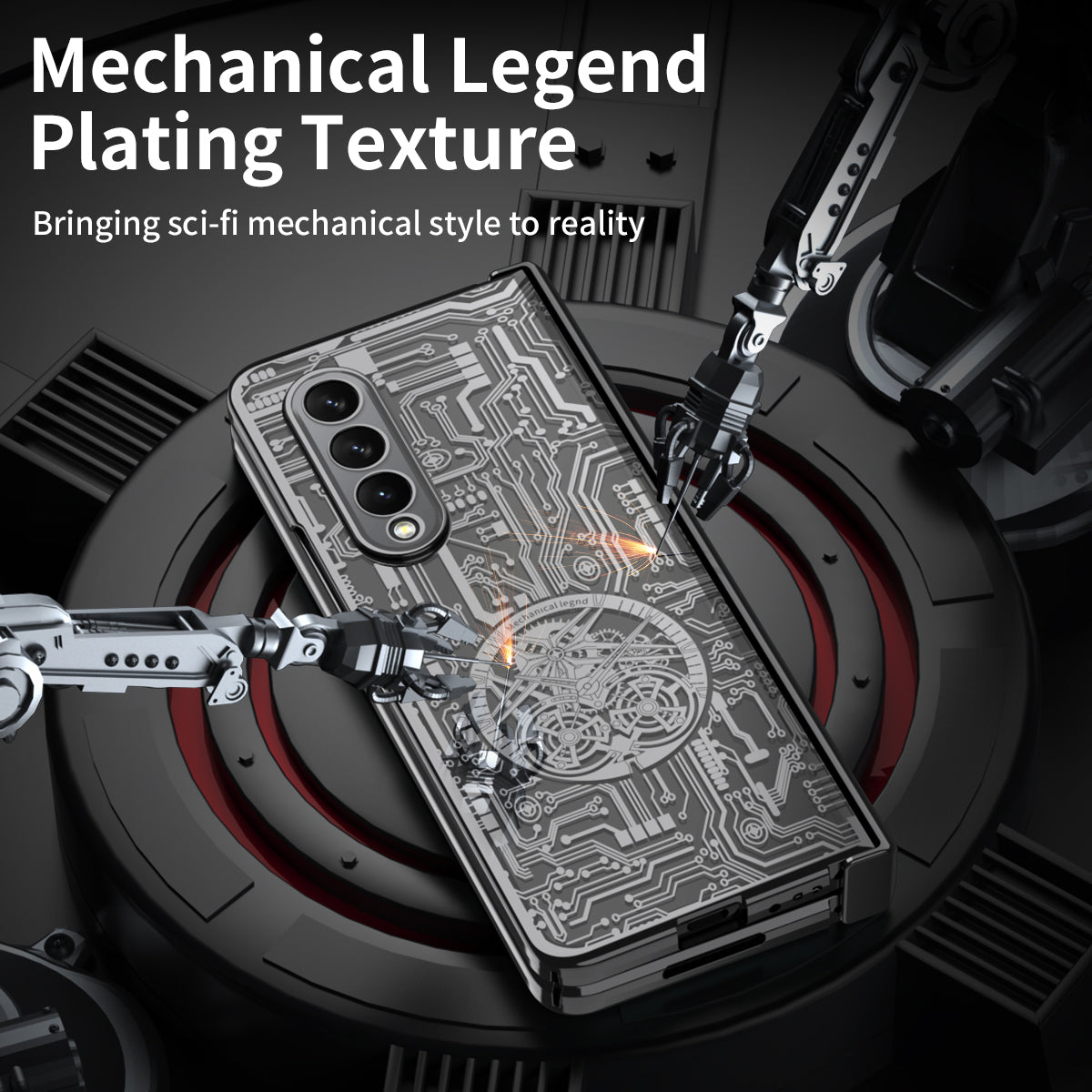 Folding Phone Case for Samsung Galaxy Z Fold3 5G Mechanical Legend Series Electroplating PC Shell with Tempered Glass Film