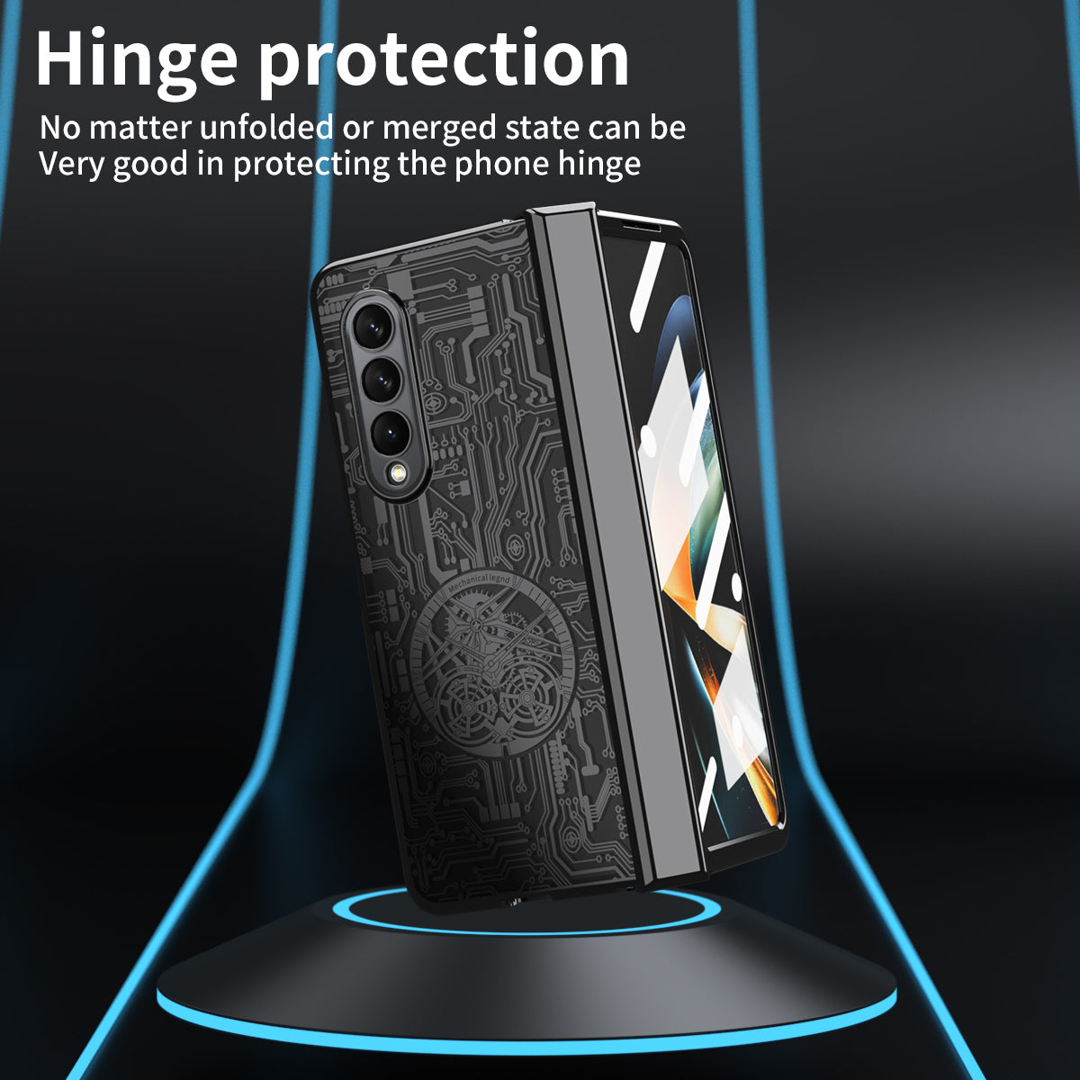 Folding Phone Case for Samsung Galaxy Z Fold3 5G Mechanical Legend Series Electroplating PC Shell with Tempered Glass Film