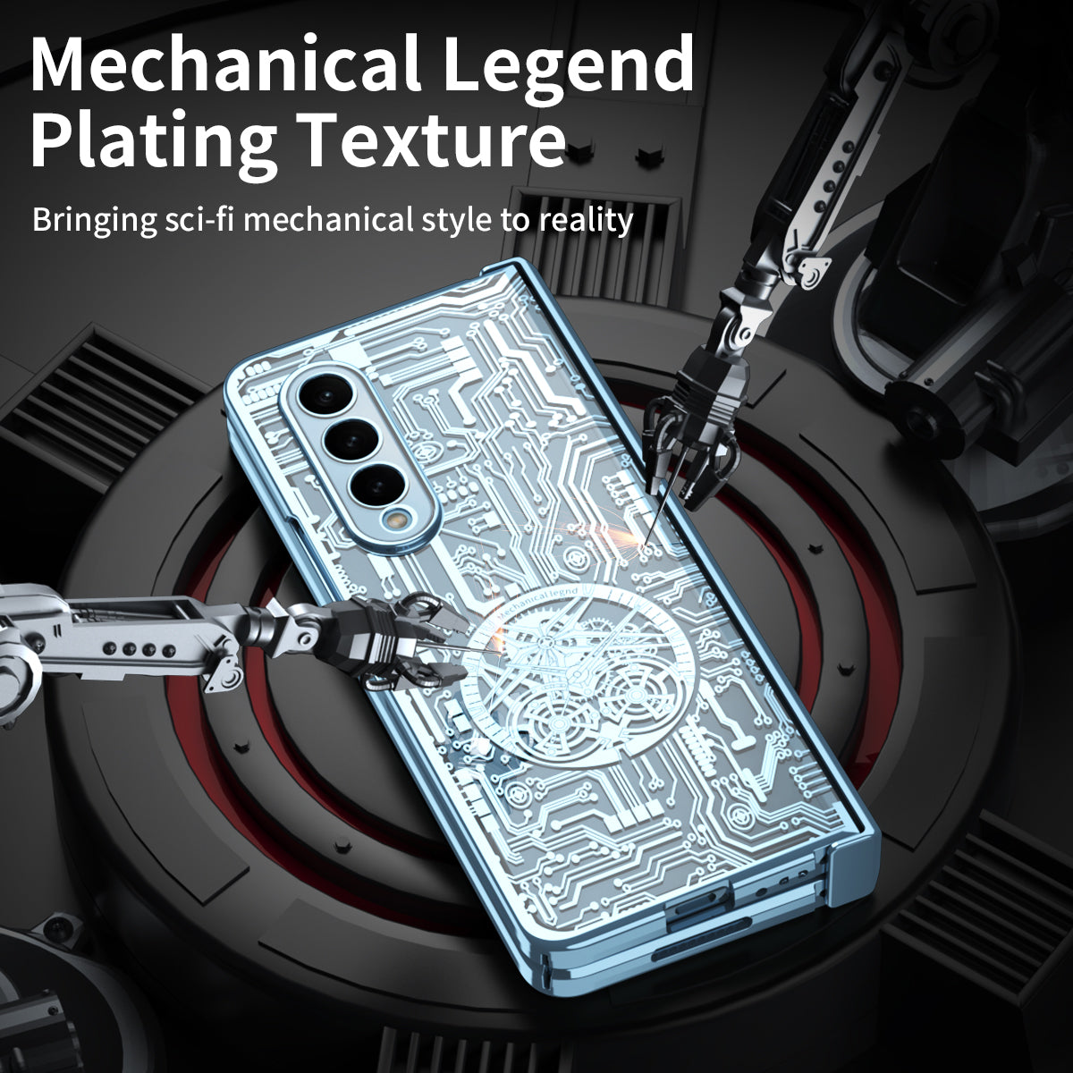 Folding Phone Case for Samsung Galaxy Z Fold3 5G Mechanical Legend Series Electroplating PC Shell with Tempered Glass Film