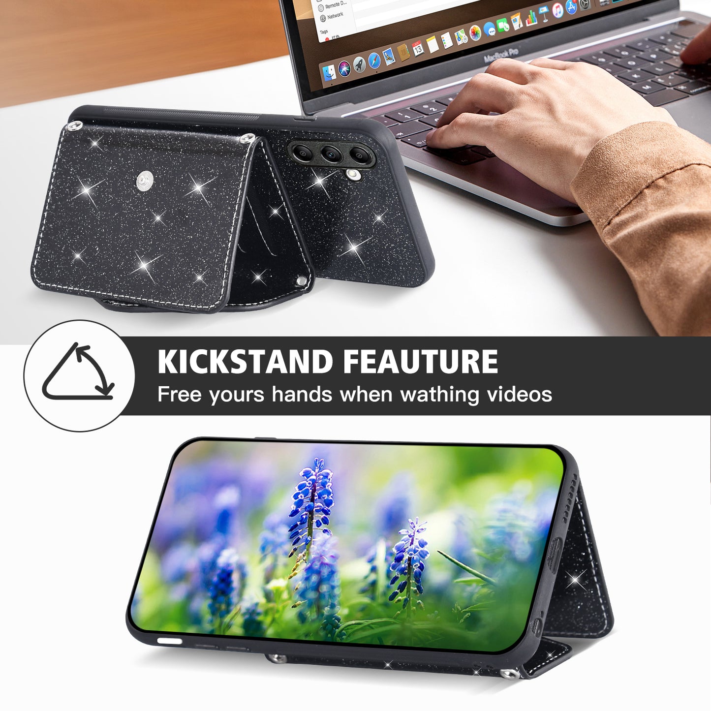 For Samsung Galaxy M13 4G / M23 5G / F23 5G Card Holder Phone Case Triangle Kickstand PU Leather+TPU Glittery Powder Shell