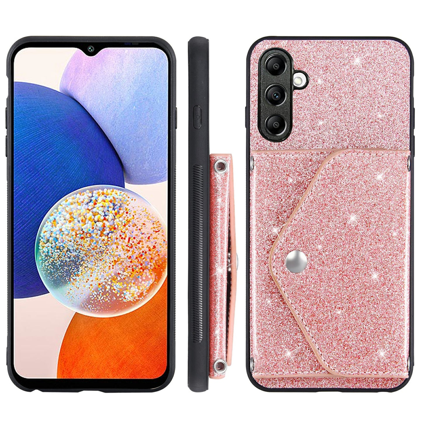 For Samsung Galaxy M13 4G / M23 5G / F23 5G Card Holder Phone Case Triangle Kickstand PU Leather+TPU Glittery Powder Shell