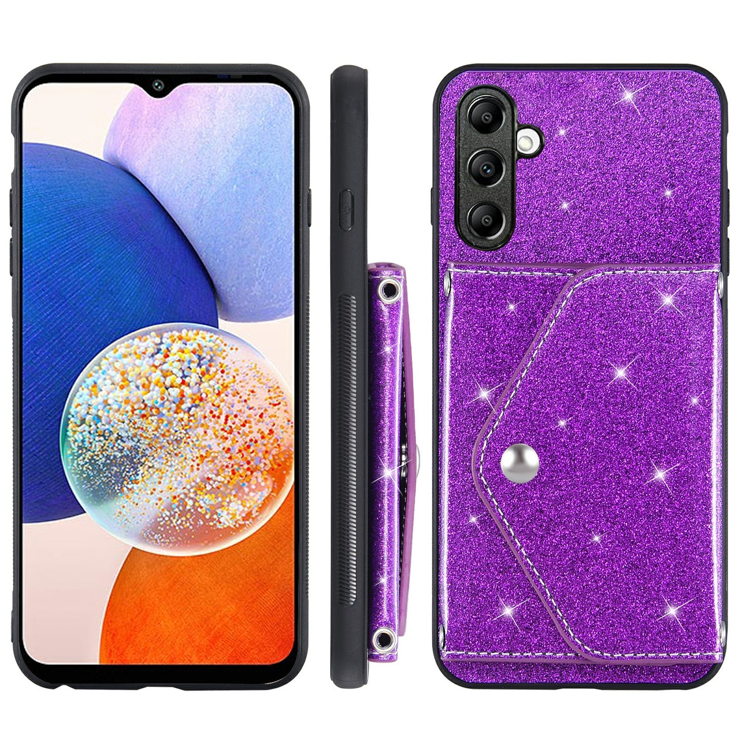 For Samsung Galaxy M13 4G / M23 5G / F23 5G Card Holder Phone Case Triangle Kickstand PU Leather+TPU Glittery Powder Shell