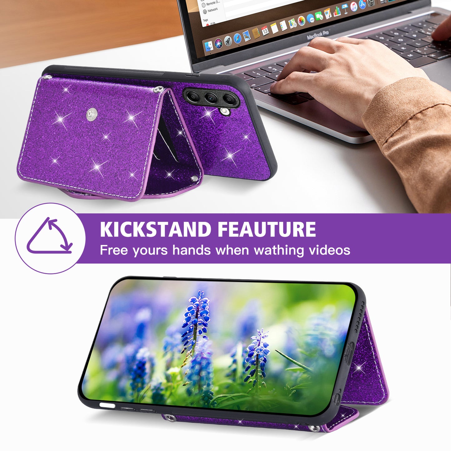 Triangle Kickstand PU Leather+TPU Phone Case for Samsung Galaxy A34 5G Card Holder Glittery Powder Phone Cover