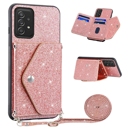 For Samsung Galaxy A33 5G Cell Phone Case PU Leather+TPU Triangle Kickstand Card Holder Glittery Powder Phone Cover