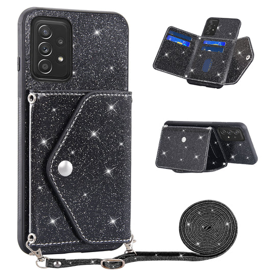 For Samsung Galaxy A13 4G Triangle Kickstand Card Holder Phone Case PU Leather+TPU Glittery Powder Phone Cover