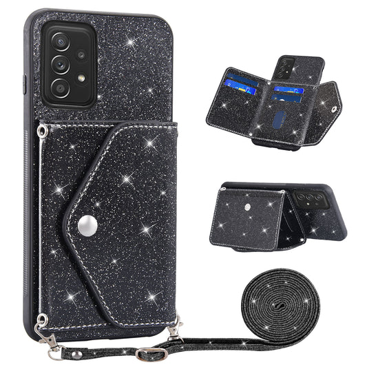 For Samsung Galaxy A23 4G / 5G (Global Version) Glitter Phone Cover Card Holder Kickstand Leather Coated TPU Case