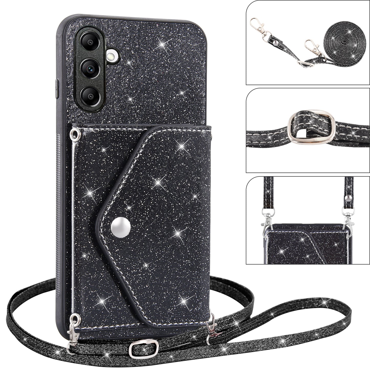 For Samsung Galaxy A54 5G Card Holder Glitter Phone Kickstand Case PU Leather Coated TPU Cover