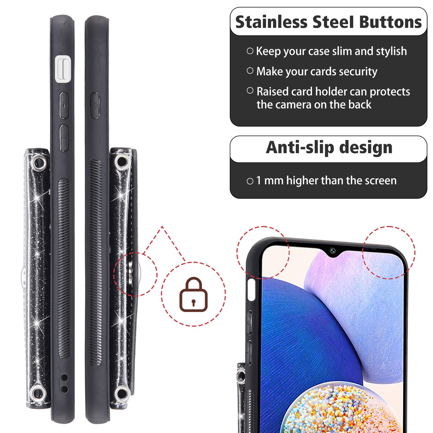 For Samsung Galaxy A54 5G Card Holder Glitter Phone Kickstand Case PU Leather Coated TPU Cover