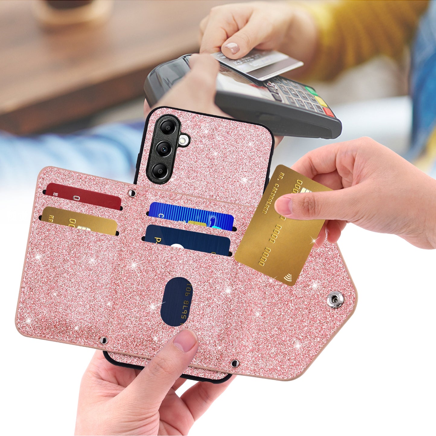 For Samsung Galaxy A54 5G Card Holder Glitter Phone Kickstand Case PU Leather Coated TPU Cover