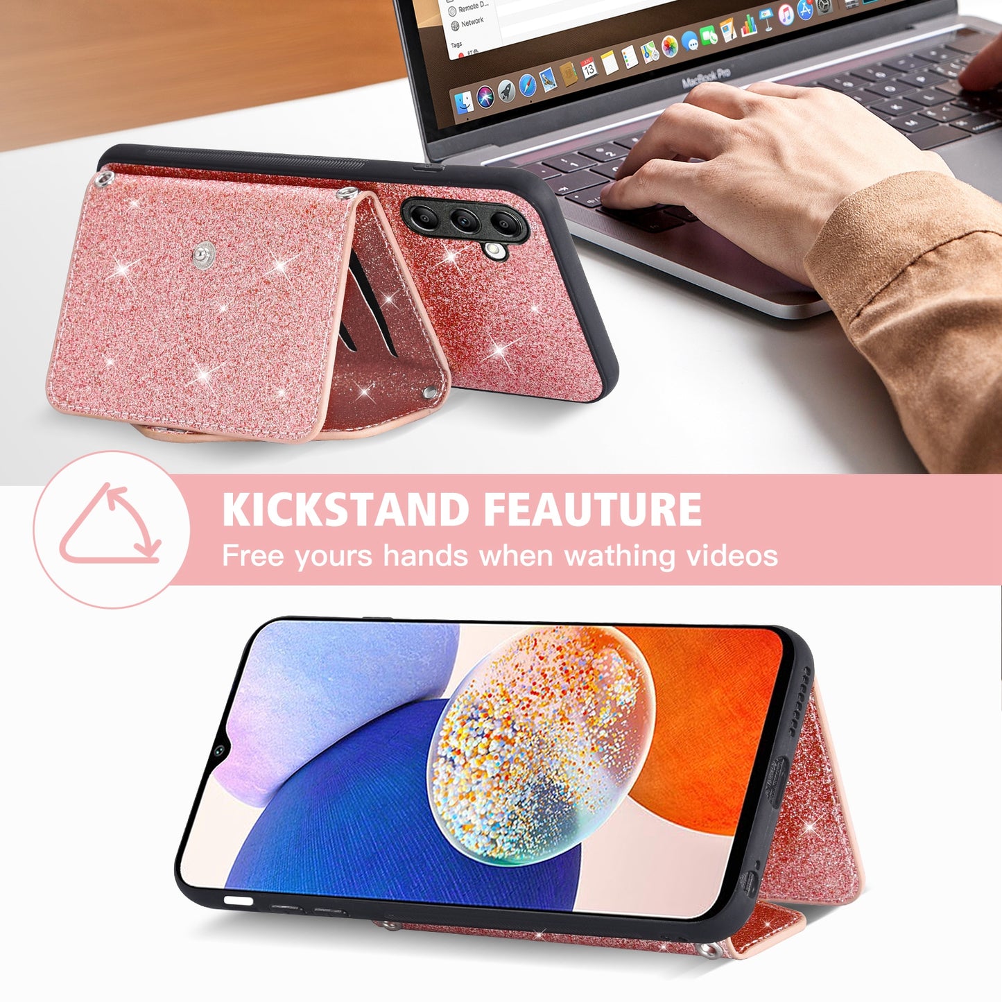 For Samsung Galaxy A54 5G Card Holder Glitter Phone Kickstand Case PU Leather Coated TPU Cover