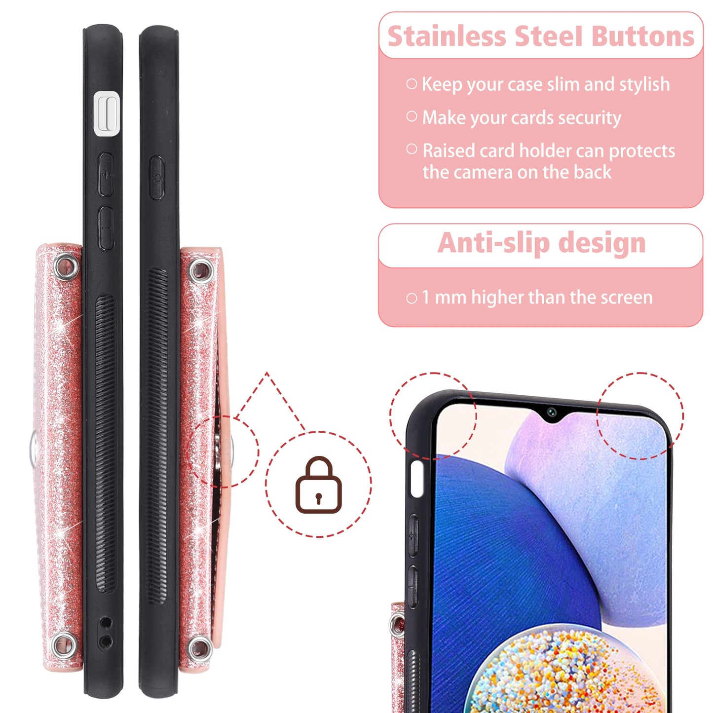 For Samsung Galaxy A54 5G Card Holder Glitter Phone Kickstand Case PU Leather Coated TPU Cover