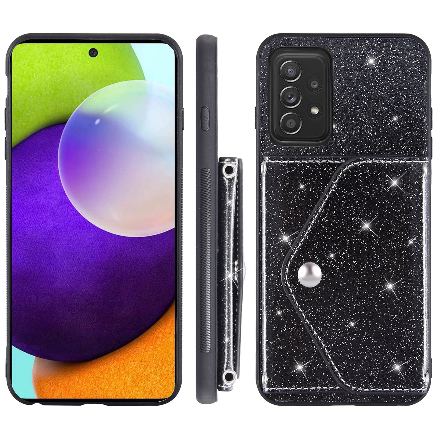 For Samsung Galaxy A53 5G Card Holder Phone Case Kickstand PU Leather Coated TPU Glitter Phone Cover