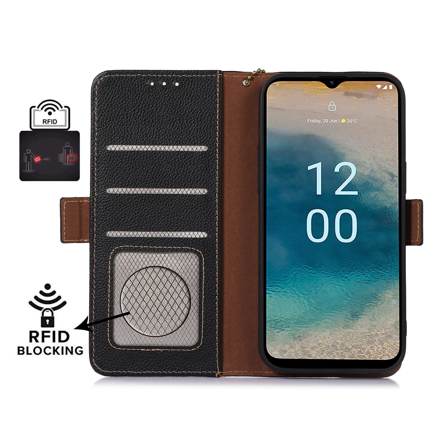 For Nokia C32 RFID Blocking Phone Cover Genuine Cow Leather Phone Case with Stand Wallet