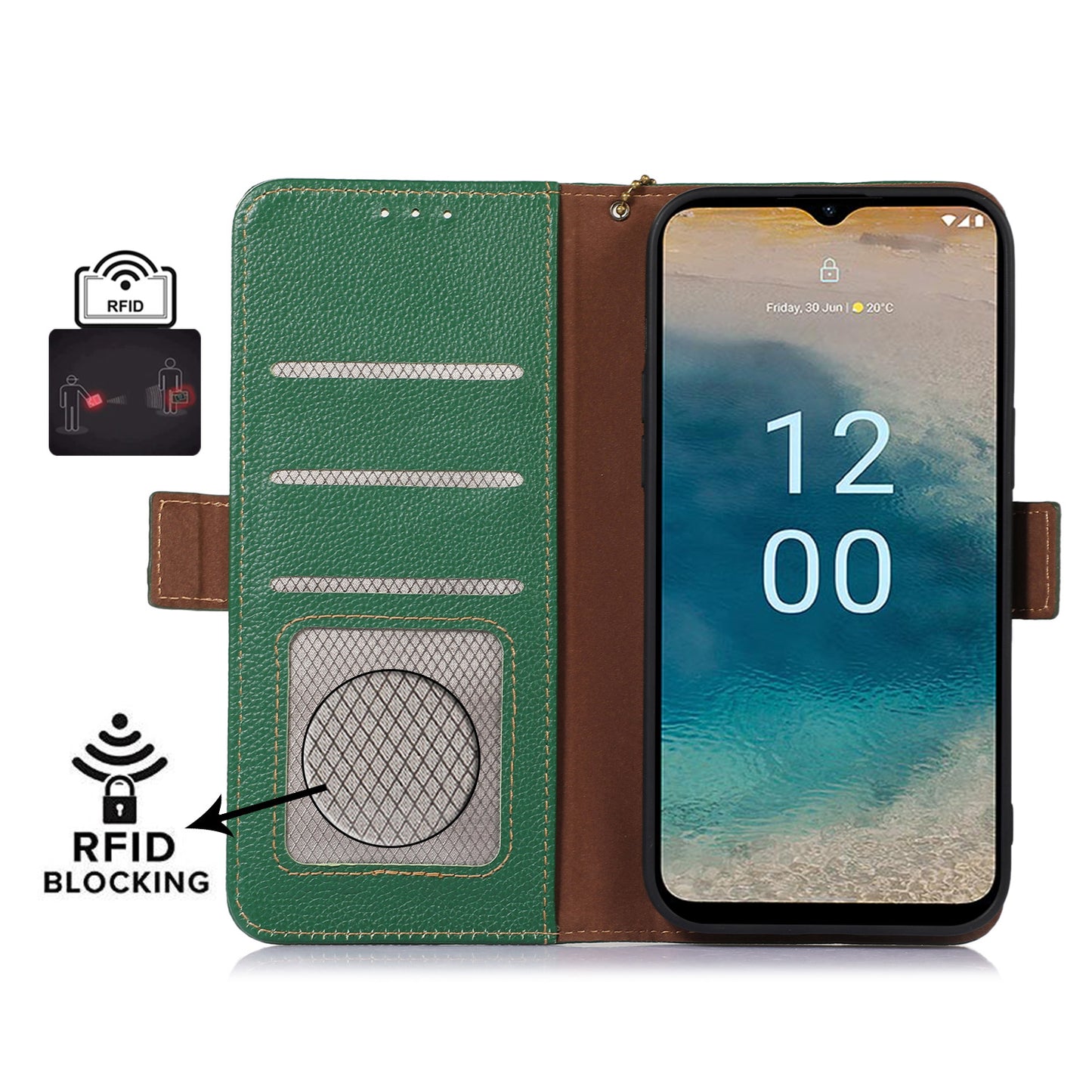 For Nokia C32 RFID Blocking Phone Cover Genuine Cow Leather Phone Case with Stand Wallet