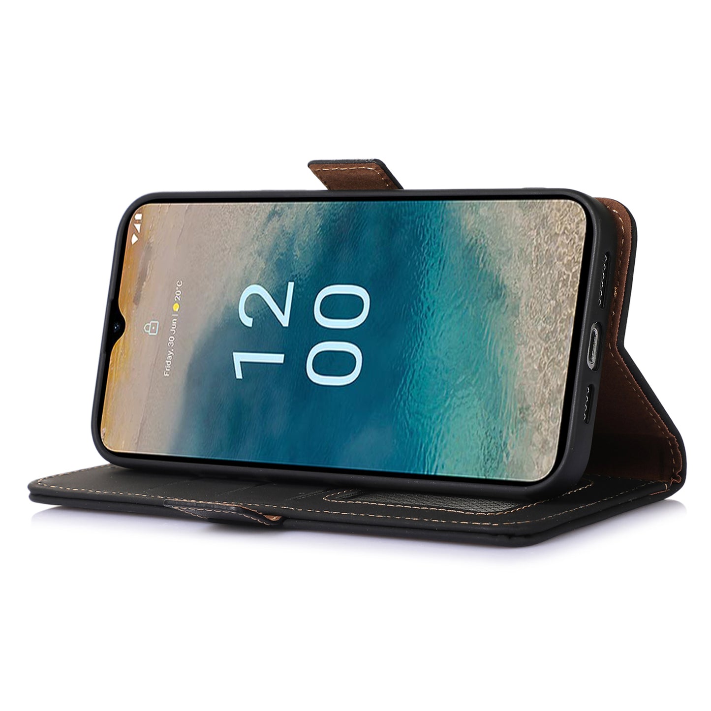 For Nokia C32 Stand Wallet RFID Blocking Phone Case Genuine Cow Leather Smartphone Cover