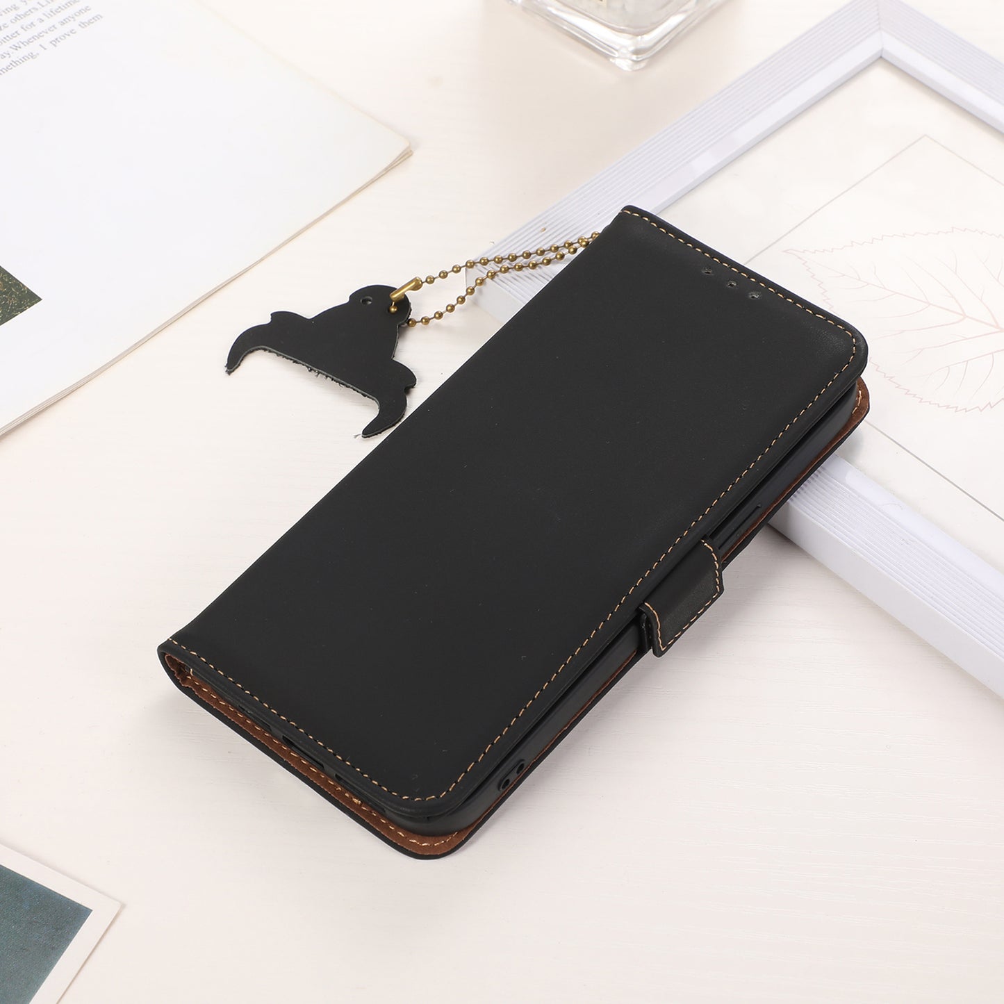 For Nokia C32 Stand Wallet RFID Blocking Phone Case Genuine Cow Leather Smartphone Cover