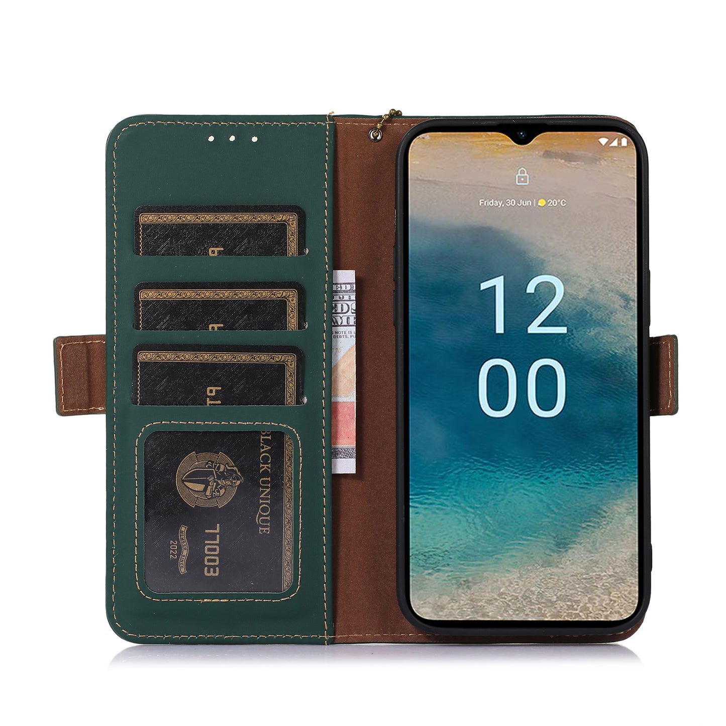 For Nokia C32 Stand Wallet RFID Blocking Phone Case Genuine Cow Leather Smartphone Cover
