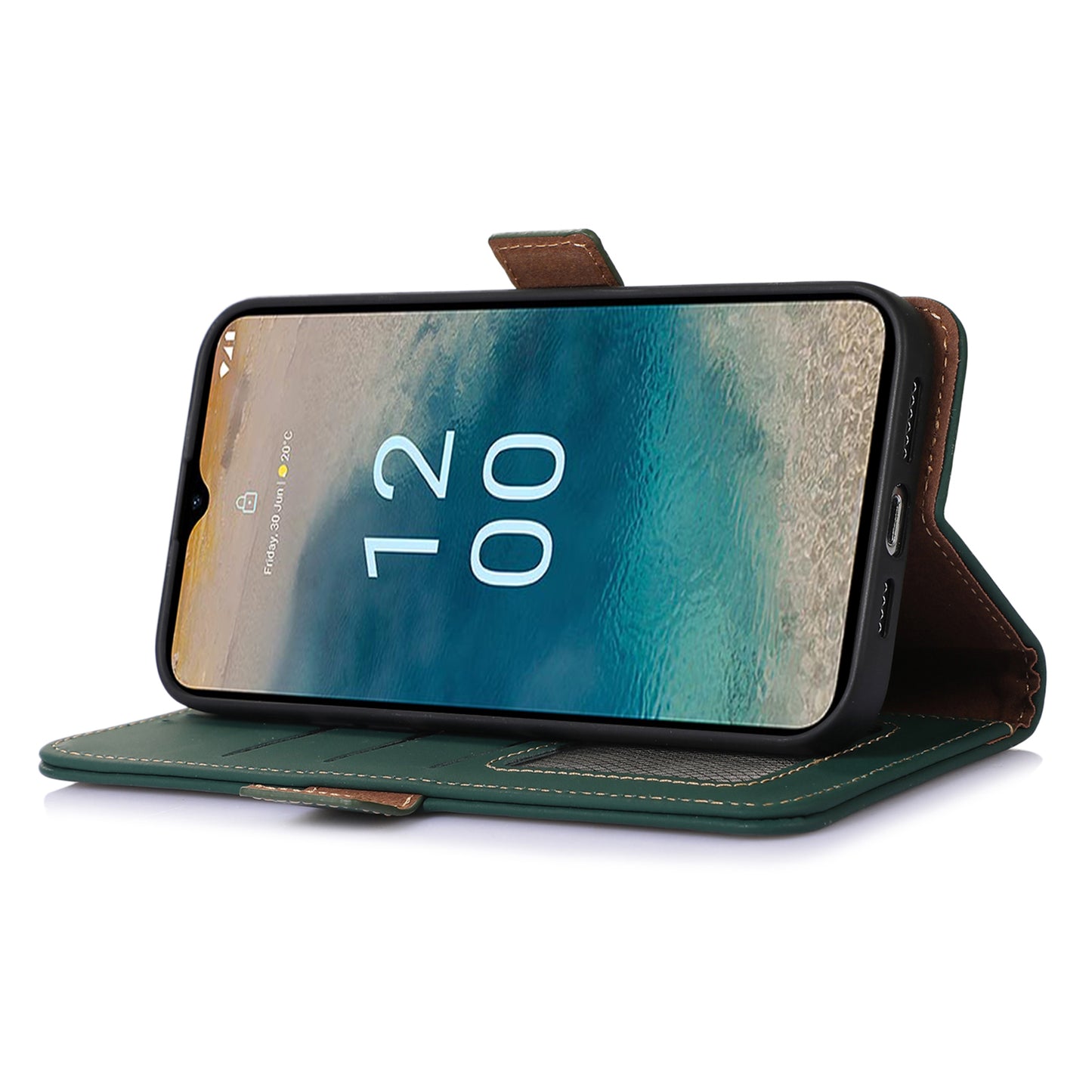 For Nokia C32 Stand Wallet RFID Blocking Phone Case Genuine Cow Leather Smartphone Cover