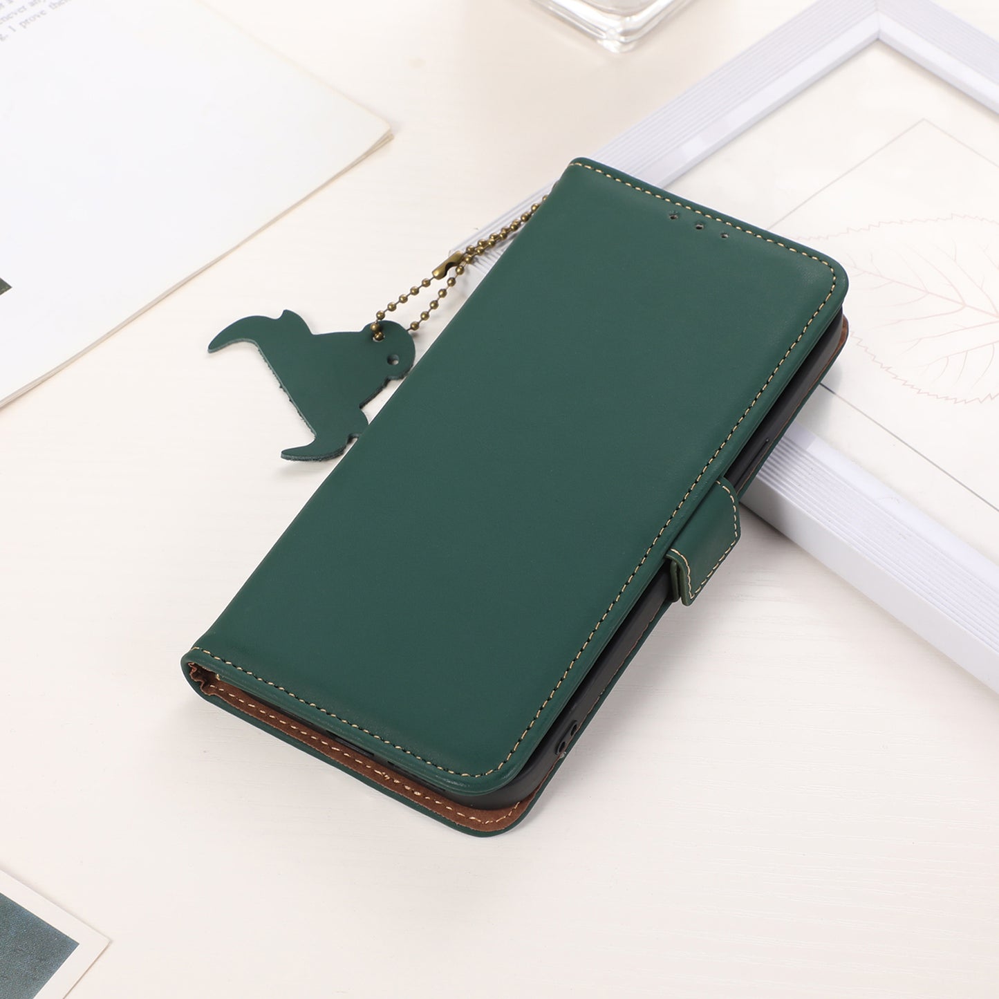 For Nokia C32 Stand Wallet RFID Blocking Phone Case Genuine Cow Leather Smartphone Cover
