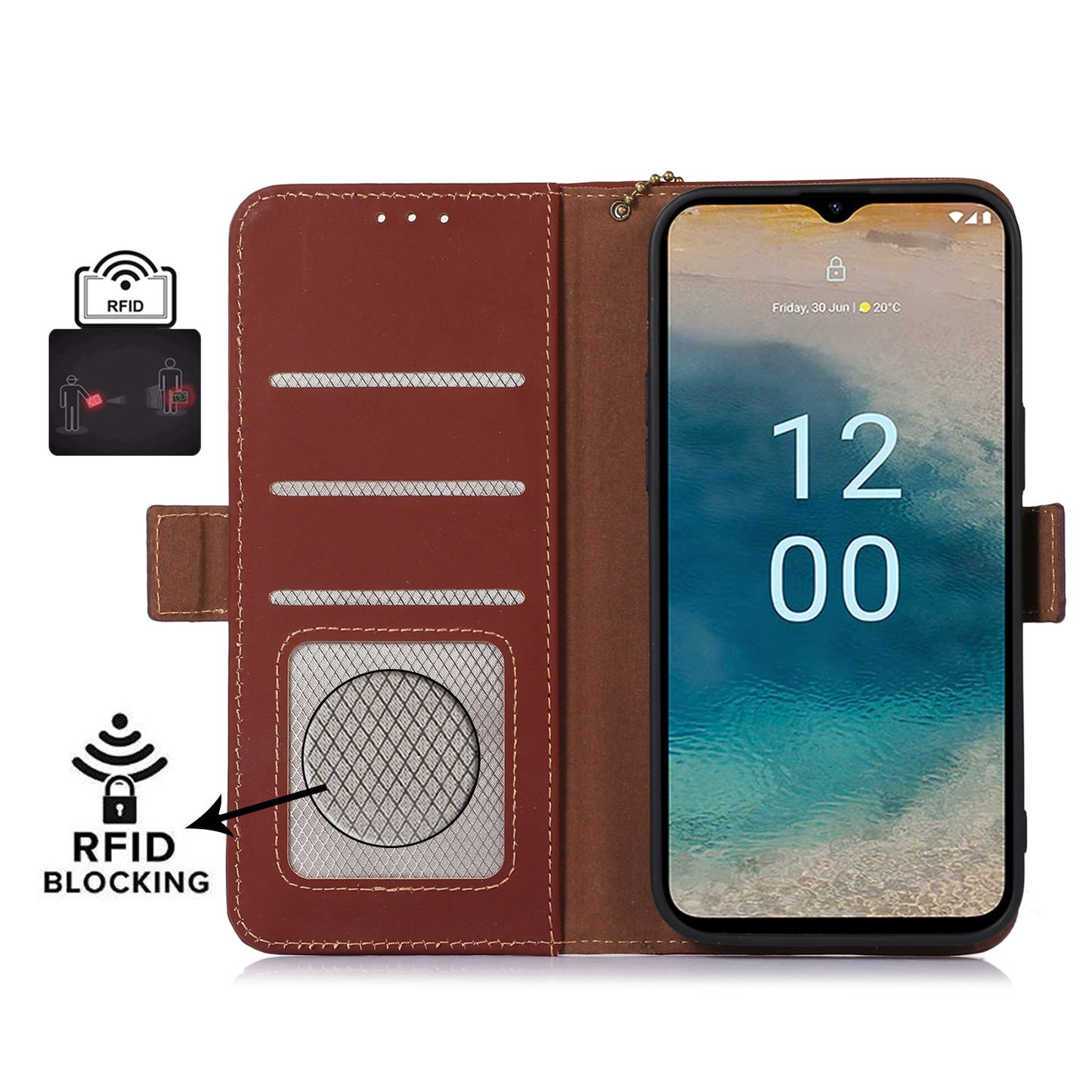 For Nokia C32 Stand Wallet RFID Blocking Phone Case Genuine Cow Leather Smartphone Cover