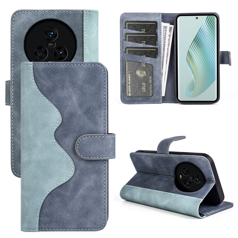 Dual Color Phone Shell for Honor Magic5 Splicing Leather Wallet Anti-Drop Cover Flip Stand Phone Case