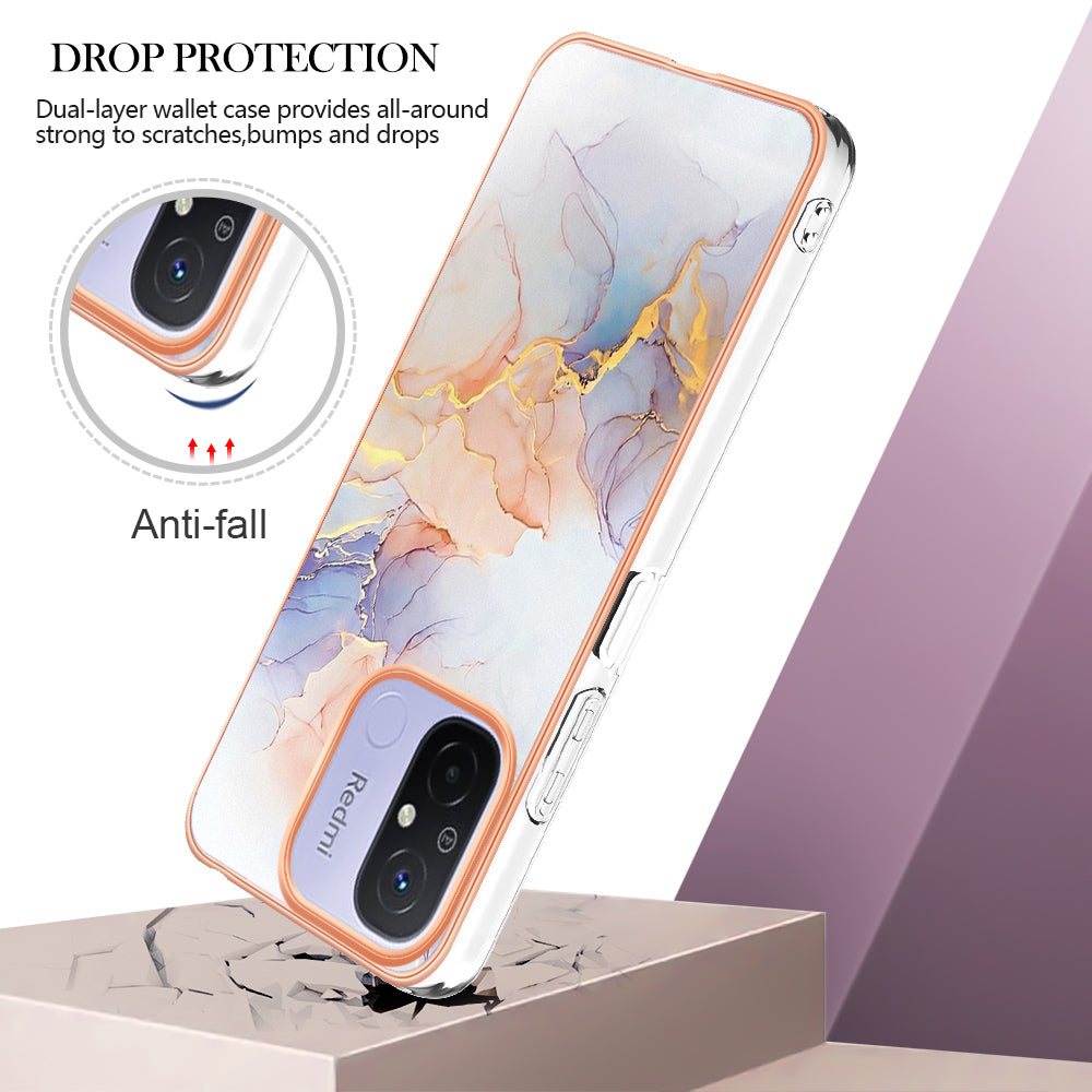 YB IMD Series-1 for Xiaomi Redmi 12C 4G / Redmi 11A 4G Phone TPU Case Marble Floral Pattern IMD Electroplating Cover