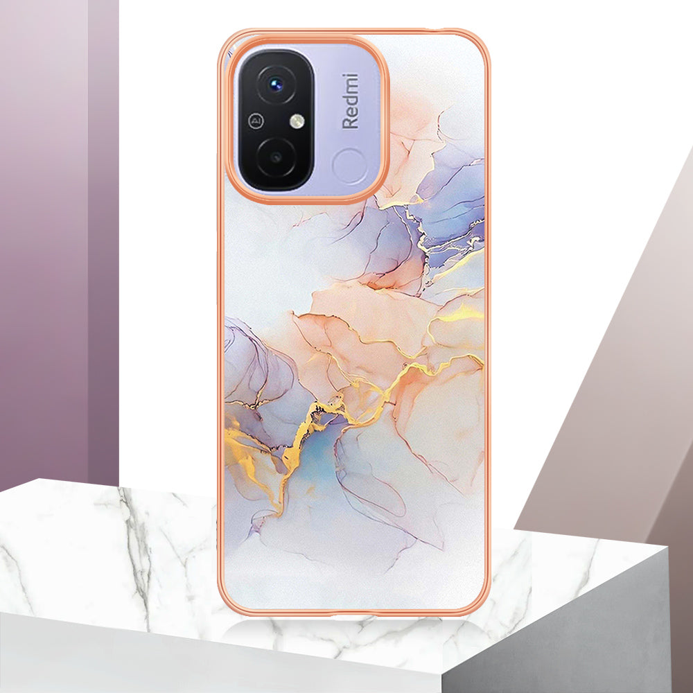 YB IMD Series-1 for Xiaomi Redmi 12C 4G / Redmi 11A 4G Phone TPU Case Marble Floral Pattern IMD Electroplating Cover